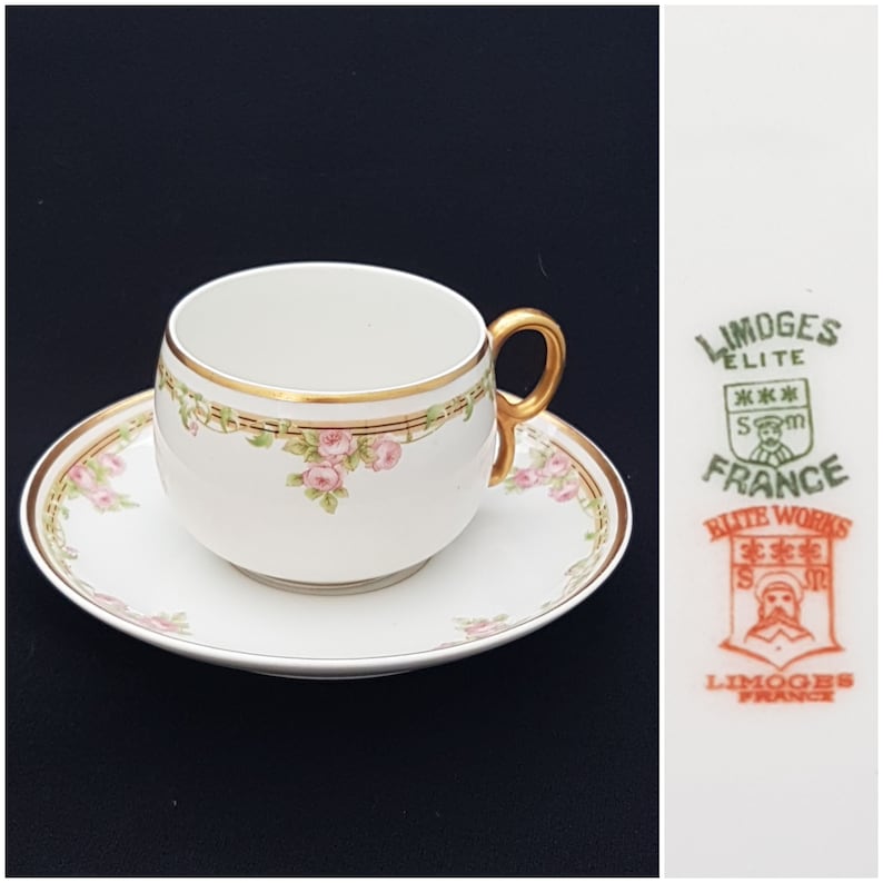 Antique Limoges Elite Works Bawo Dotter Tea Cup Saucer Set Pink Rose ...