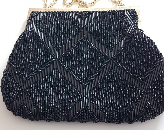 Vintage Hand Made, Black Beaded Purse, Evening Bag with Adjustable Chain, Made in Hong Kong