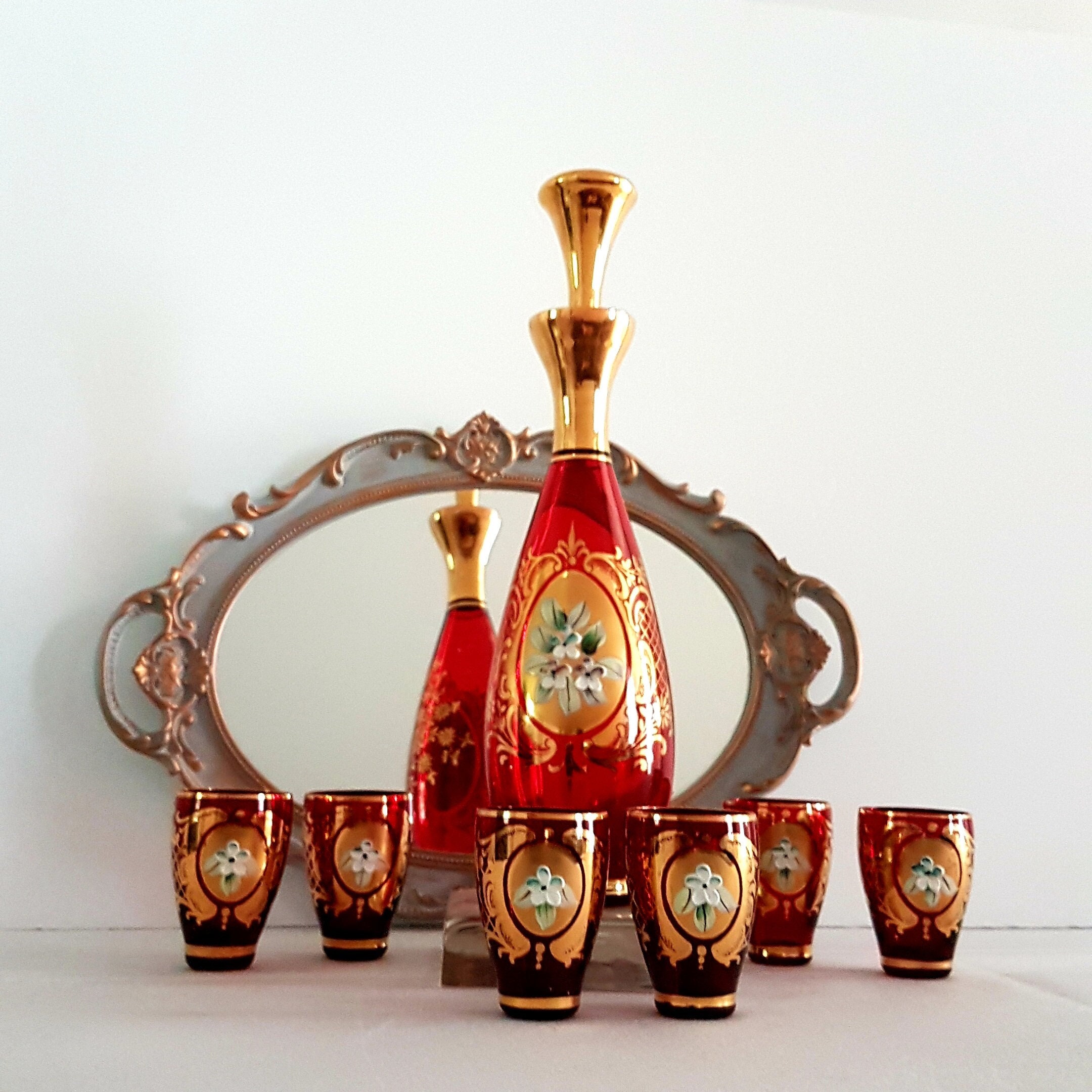 Vintage Red Glass Decanter with Set 6 Matching Shot Glasses