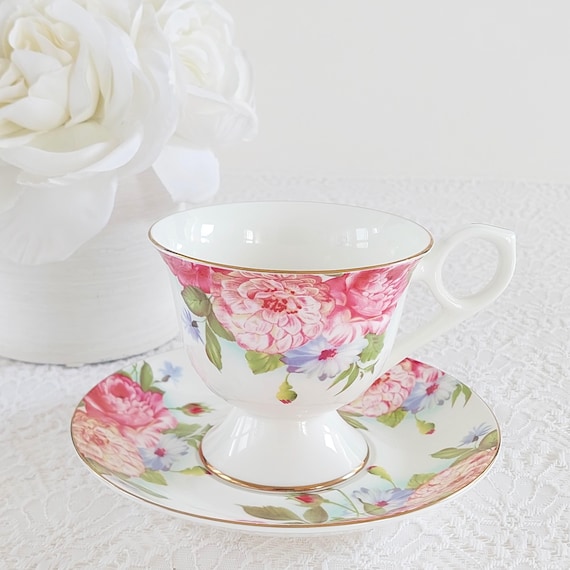 Vintage Sandra's Rose Bone China Teacup and Saucer – Pink Floral Gold Trim