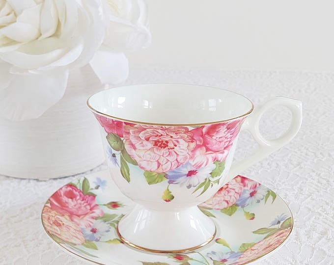 Vintage Sandra's Rose Bone China Teacup and Saucer – Pink Floral Gold Trim