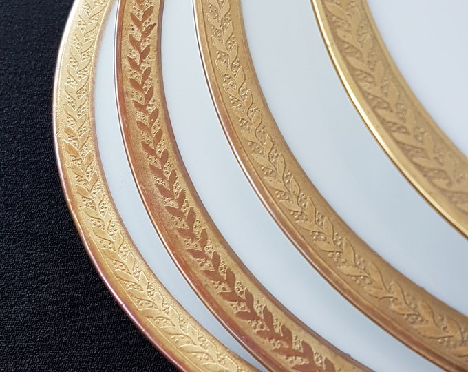 Royal Bayrueth Bone China Side Plates, Gold Encrusted Laurel Leaf ROB20 Pattern, 6 Inch, Set of 4, Made in Bavaria Germany