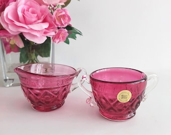 Rossi Hand Blown Pink Cranberry Glass Cream Sugar Set