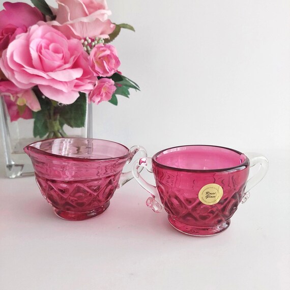 Rossi Hand Blown Pink Cranberry Glass Cream Sugar Set