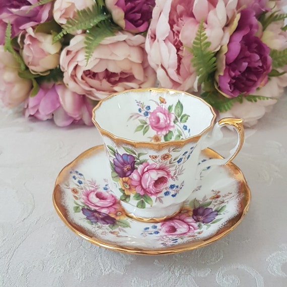 Vintage Taylor & Kent Elizabethan Tea Cup and Saucer: Fine Bone China, Pink Roses