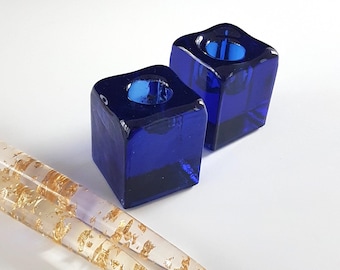 Cobalt Blue Cube Glass Taper Candle Holders - Blenko Handcrafted Decor