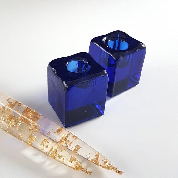 Cobalt Blue Cube Glass Taper Candle Holders - Blenko Handcrafted Decor