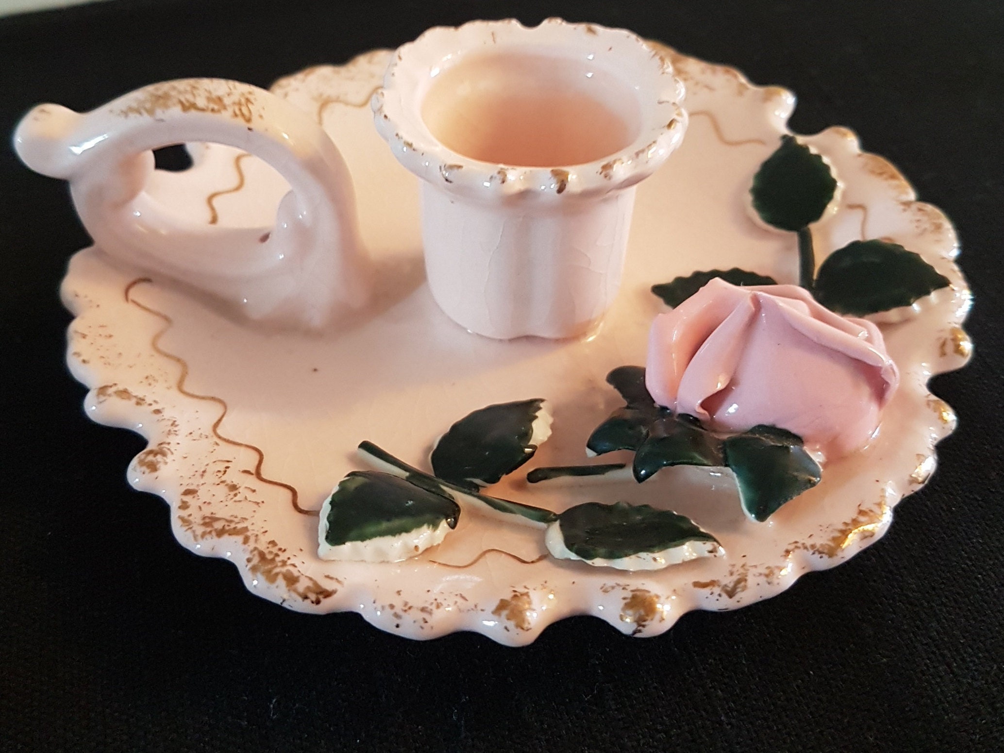 Pair of Pink and Gilt, Hand Held Candlesticks Holders, Ceramic Candlestick Holders, Shabby Chic