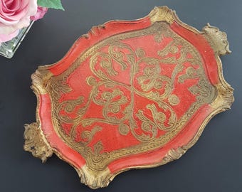 Vintage Florentine Serving Tray: Red & Gold Decorative Vanity Platter, Made in Italy