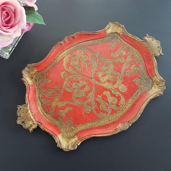 Vintage Florentine Serving Tray: Red & Gold Decorative Vanity Platter, Made in Italy