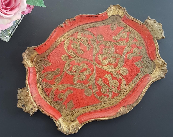 Vintage Italian Florentine Red & Gold Rectangle Serving Tray 16x11inch - Decorative Vanity Platter Made in Italy