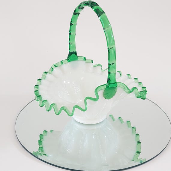 Vintage Fenton Emerald Crest Milk Glass Basket 7” Handled Ruffled Art Glass 1950s