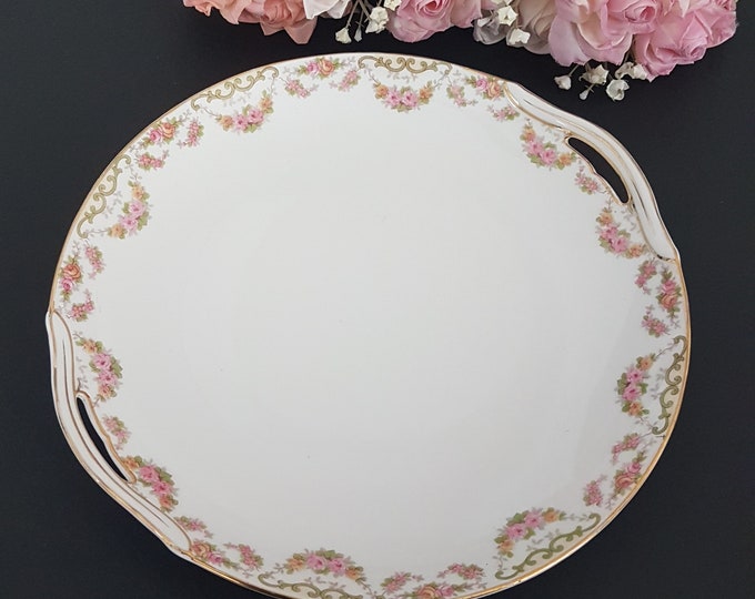 Cake Serving Plate BRIDAL WREATH Noritake Nippon, Pink Yellow Roses, Double Handle Dessert Serving Platter, 1912+