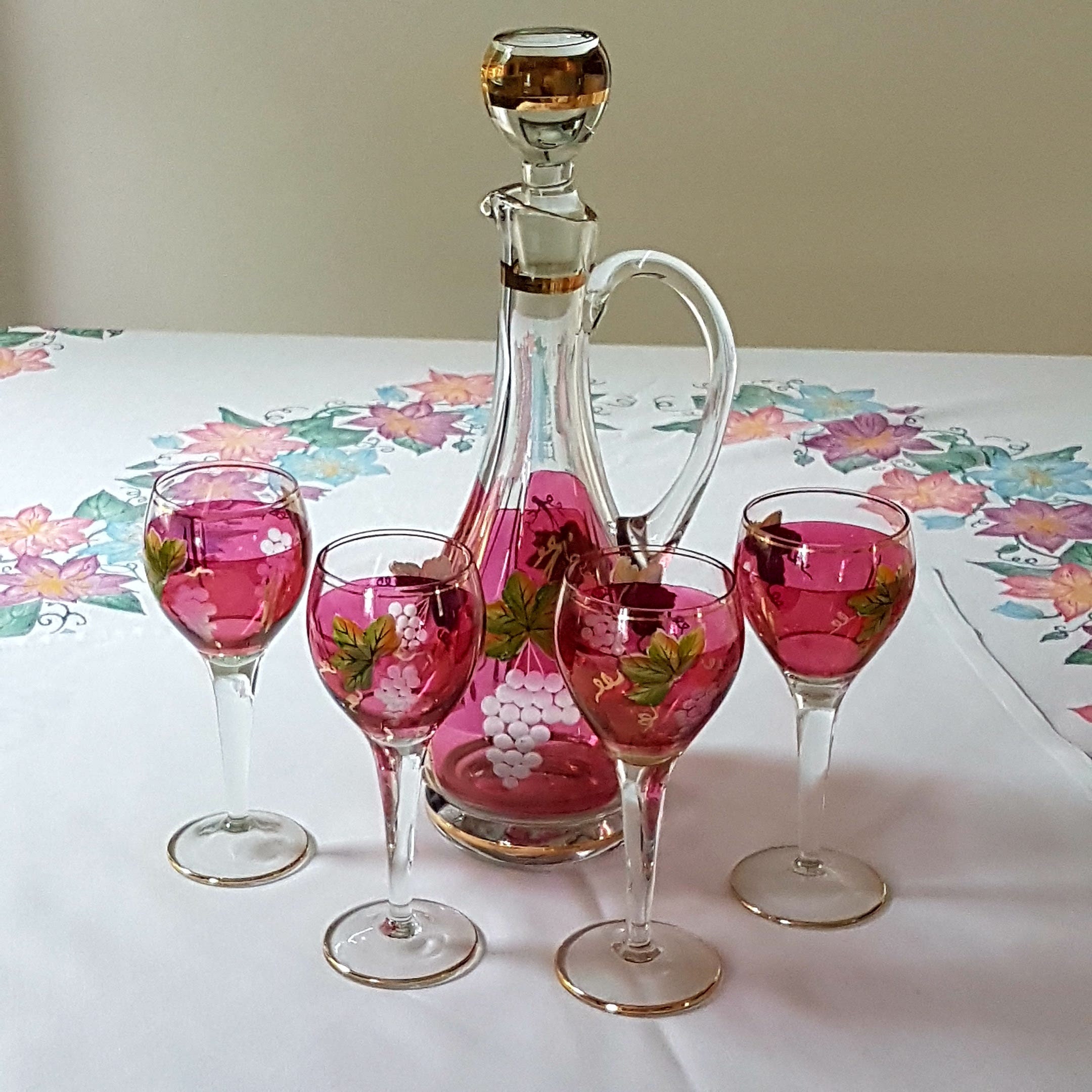 Vintage Decanter Set with 4 Glasses, Grape and Leaf Pattern