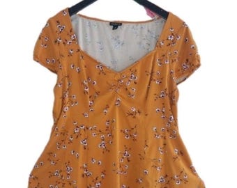 Elegant Golden Orange Floral Fit & Flare Plus Size Large Blouse for Women