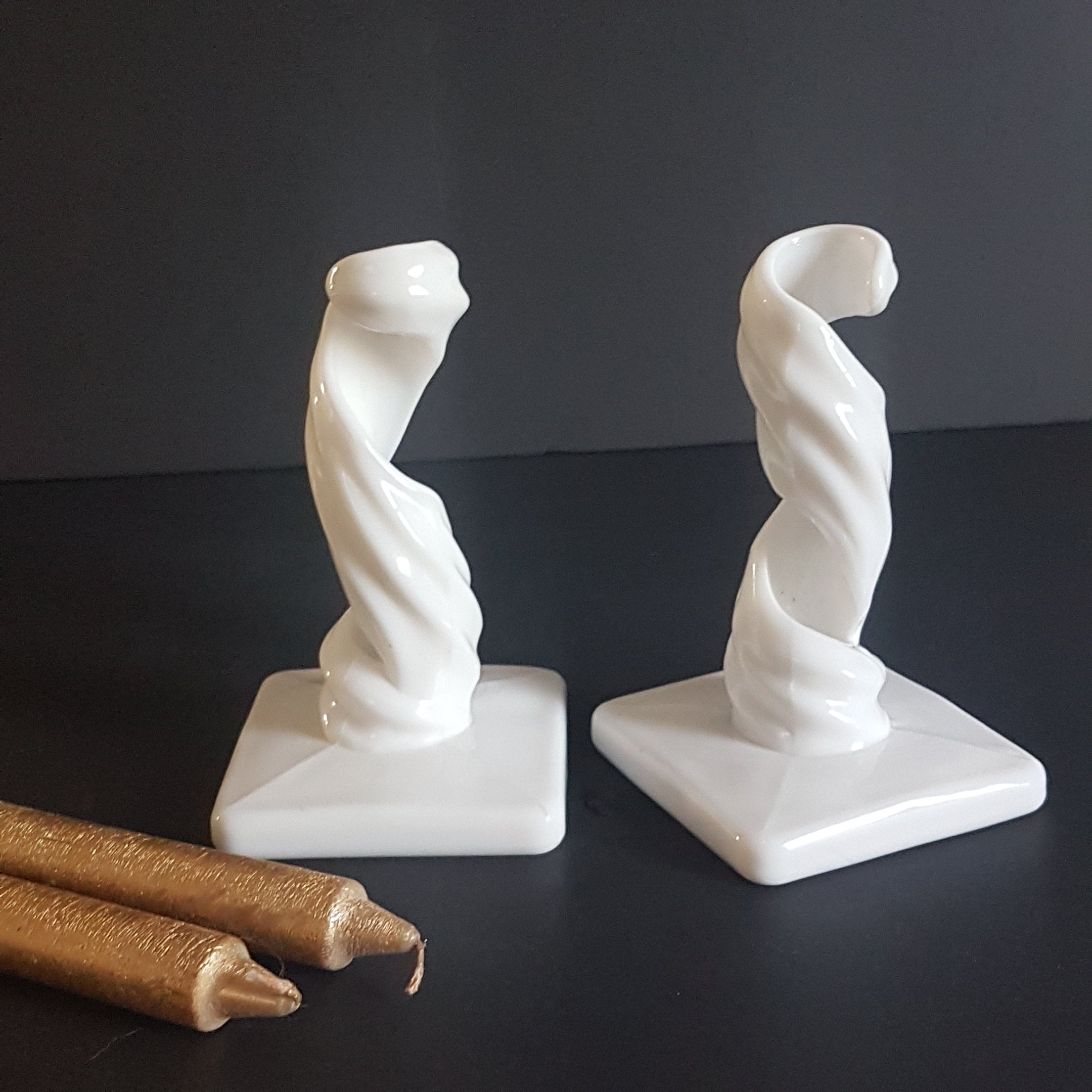 Westmoreland Spiral Twist Lotus Candlesticks, Pair of White Milk Glass