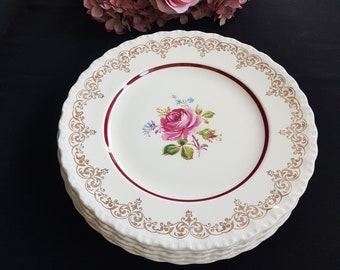 Vintage Grindley Dinner Plates: Cream Petal Pink Rose, Gold Scroll (Set of 2)