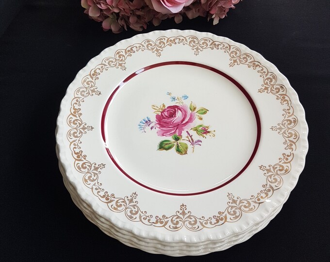 Dinner Plates, Grindley Cream Petal, Pink Rose Pattern, Gold Scroll Overlay, 10 Inch, Sets of 2, Made in England