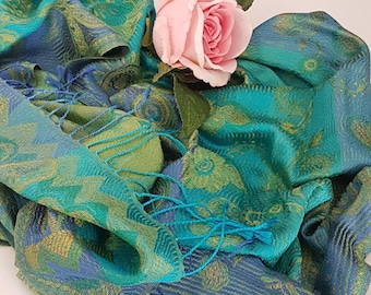 Vintage Silk Pashmina Evening Shawl - Green Turquoise Floral Paisley India