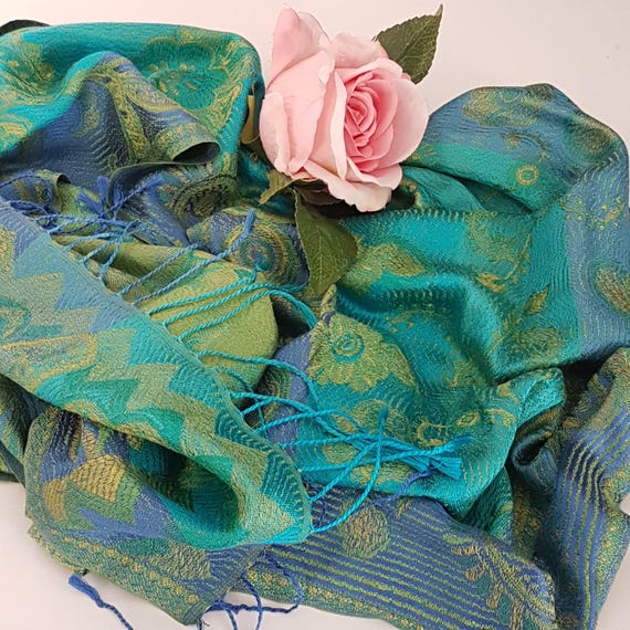 Vintage Silk Pashmina Evening Shawl - Green Turquoise Floral Paisley India