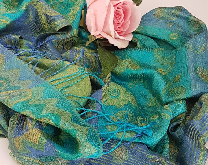 Vintage Silk Pashmina Evening Shawl - Green Turquoise Floral Paisley India