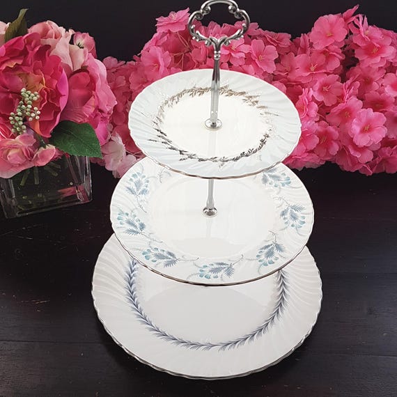 3 Tiered Cupcake Stand Vintage Bone China Gray Silver Dessert Tray