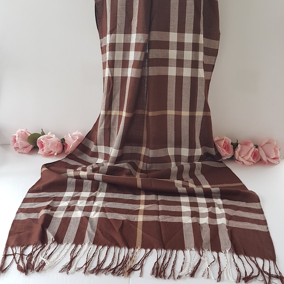 Vintage Brown Plaid Pashmina Shawl Fringed Wrap Tan Ivory Stripe Fall Scarf
