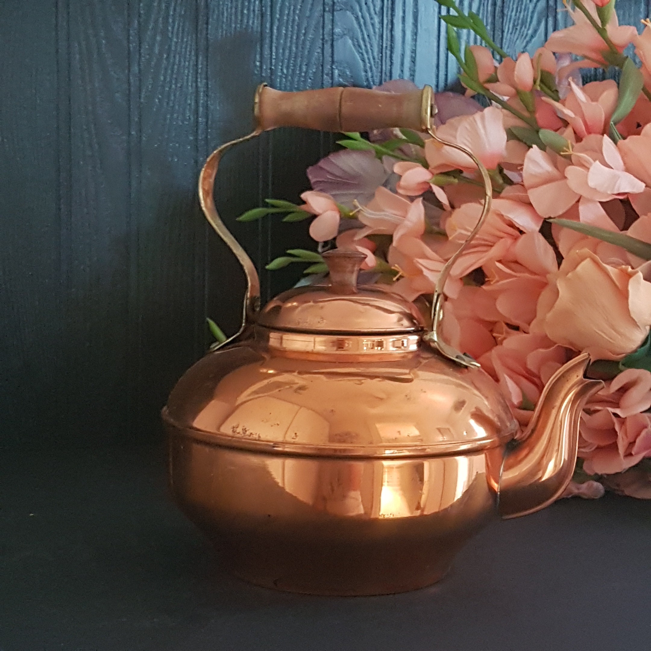 Vintage Portugal Copper Kettle, Brass Wood Handle, 9 Cup Capacity