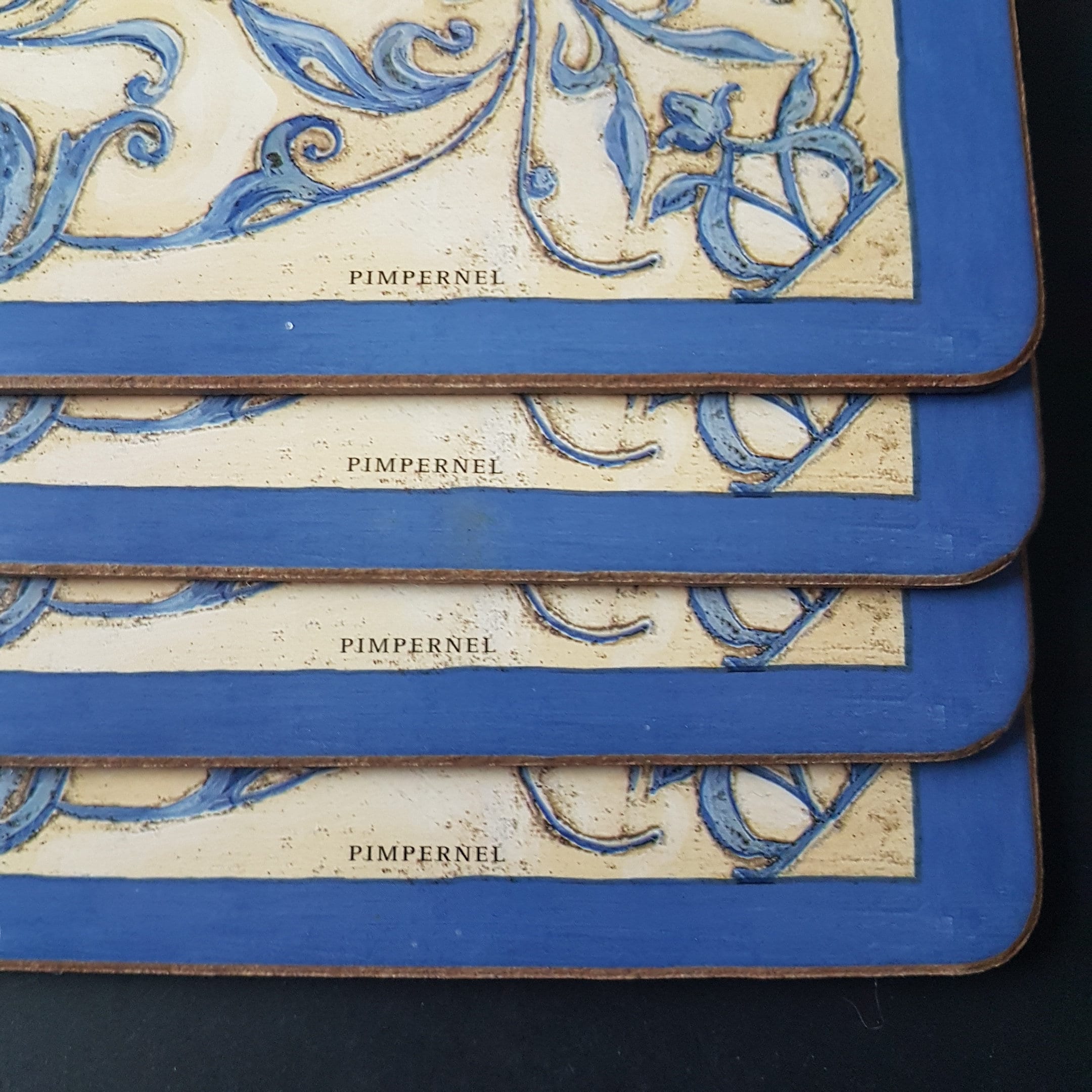 Vintage Pimpernel Corkback Placemats, Set of Four Blue Flower Hardboard