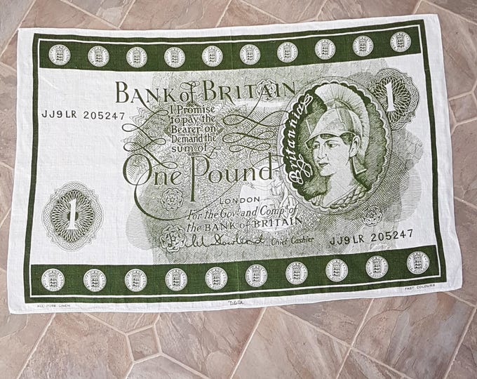 Vintage British One Pound Note Linen Kitchen Tea Towel English Souvenir Gift