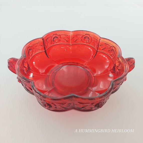 Vintage Jeanette Glass Aztec Rose Bowl: Red Flashed Pressed Glass, 1950s