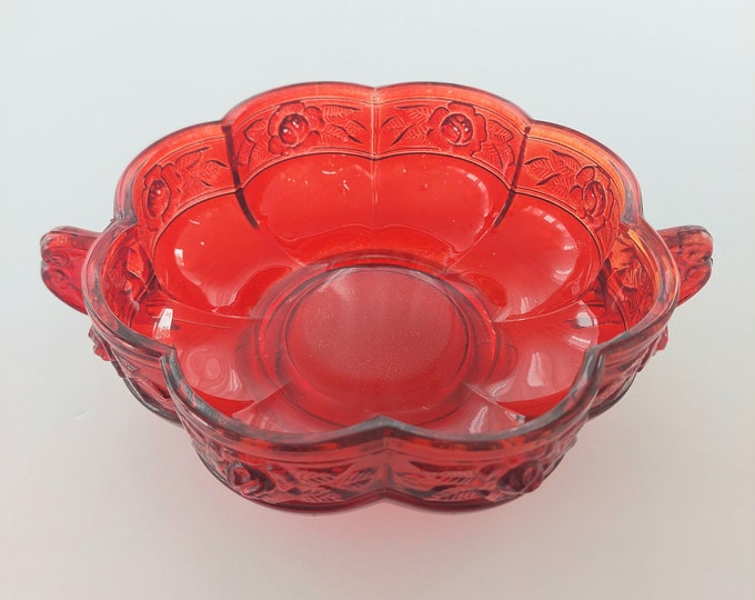 Jeanette Glass AZTEC ROSE Red Flashed, Pressed Glass, Two Handled Glass Bowl, Raised Roses, 1950s