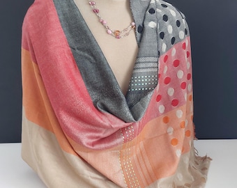 Coral and Orange Multi-Patterned Pashmina Scarf, Polka Dot and Striped Wool Shawl