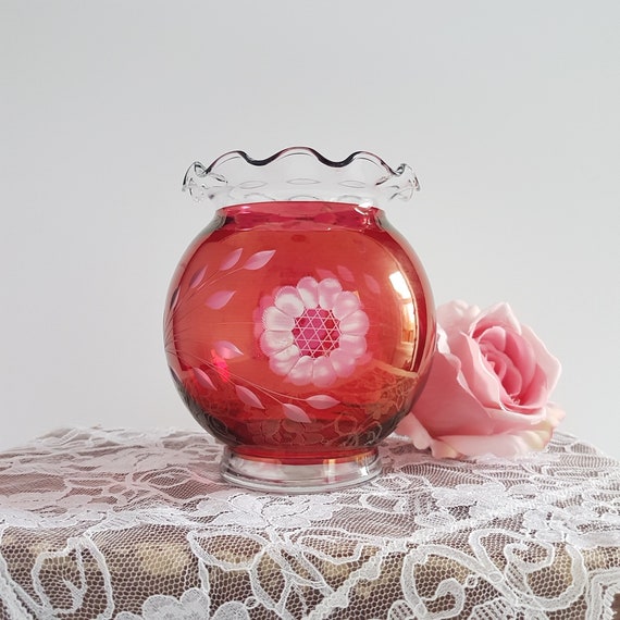 Vintage Cranberry Cut Glass Rose Bowl Vase Etched Cornflower Hand Crafted Canada Original Sticker