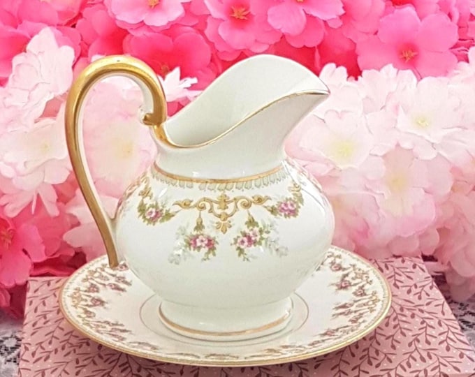 Vintage Limoges Porcelain Creamer: Pink Cabbage Roses, Gold Edge, French Antique Pattern 7219 (1907)