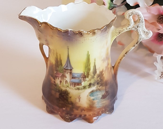 Antique RS Prussia Hand Painted Creamer, Castle Scene, Reinhold Schlegelmilch, Red Mark, Flower Spout, Ornate Handle, 10 Feet, 1890s