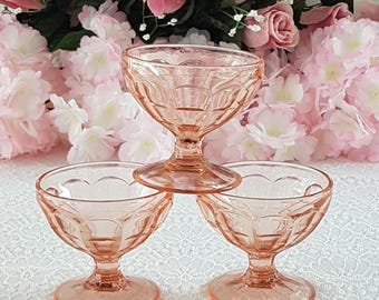 Hazel Atlas Colonial Block Pink Depression Glass Sherbet Cups, Set of 3 Champagne Coupes