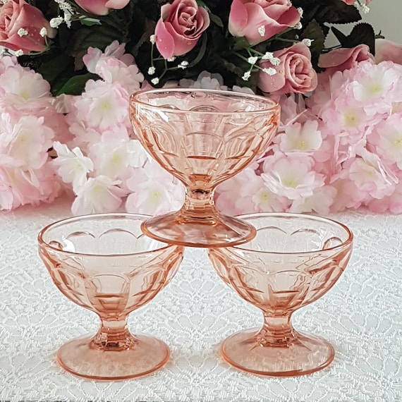 Hazel Atlas Colonial Block Pink Depression Glass Sherbet Cups, Set of 3 Champagne Coupes