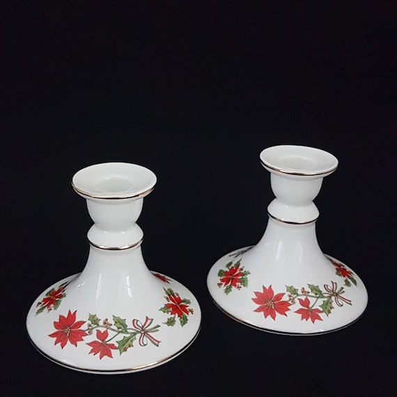 Vintage Christmas Porcelain Candle Holders: Poinsettia & Holly, Set of 2, Made in Japan