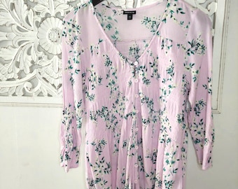 Floral Pink Cottagecore Vintage Crinkle Gauze Smocked Button Front Blouse Medium Large