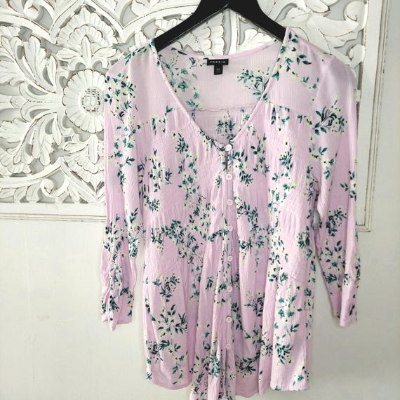 Floral Pink Cottagecore Vintage Crinkle Gauze Smocked Button Front Blouse Medium Large