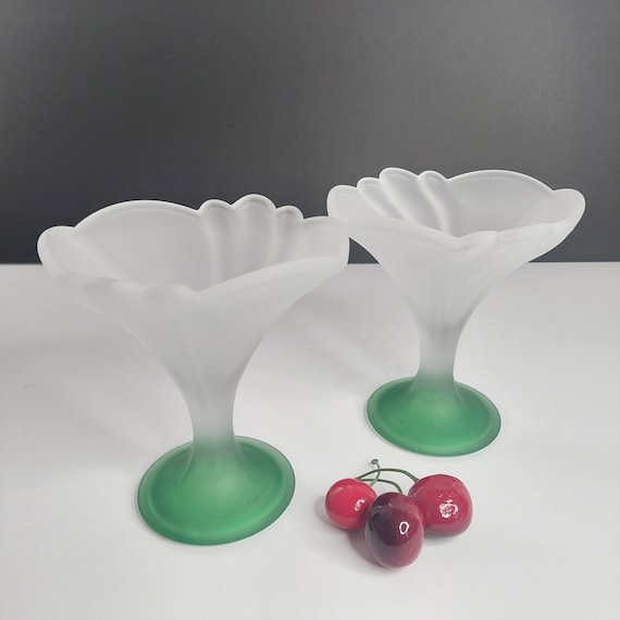 Italian Borgonovo Green Tulip Frosted Glass Sundae Glasses - Dessert Bowls