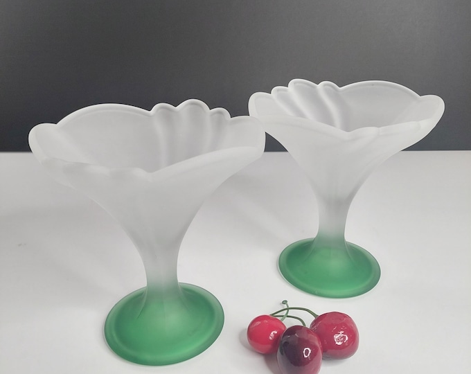 Italian Borgonovo Green Tulip Frosted Glass Sundae Glasses - Dessert Bowls