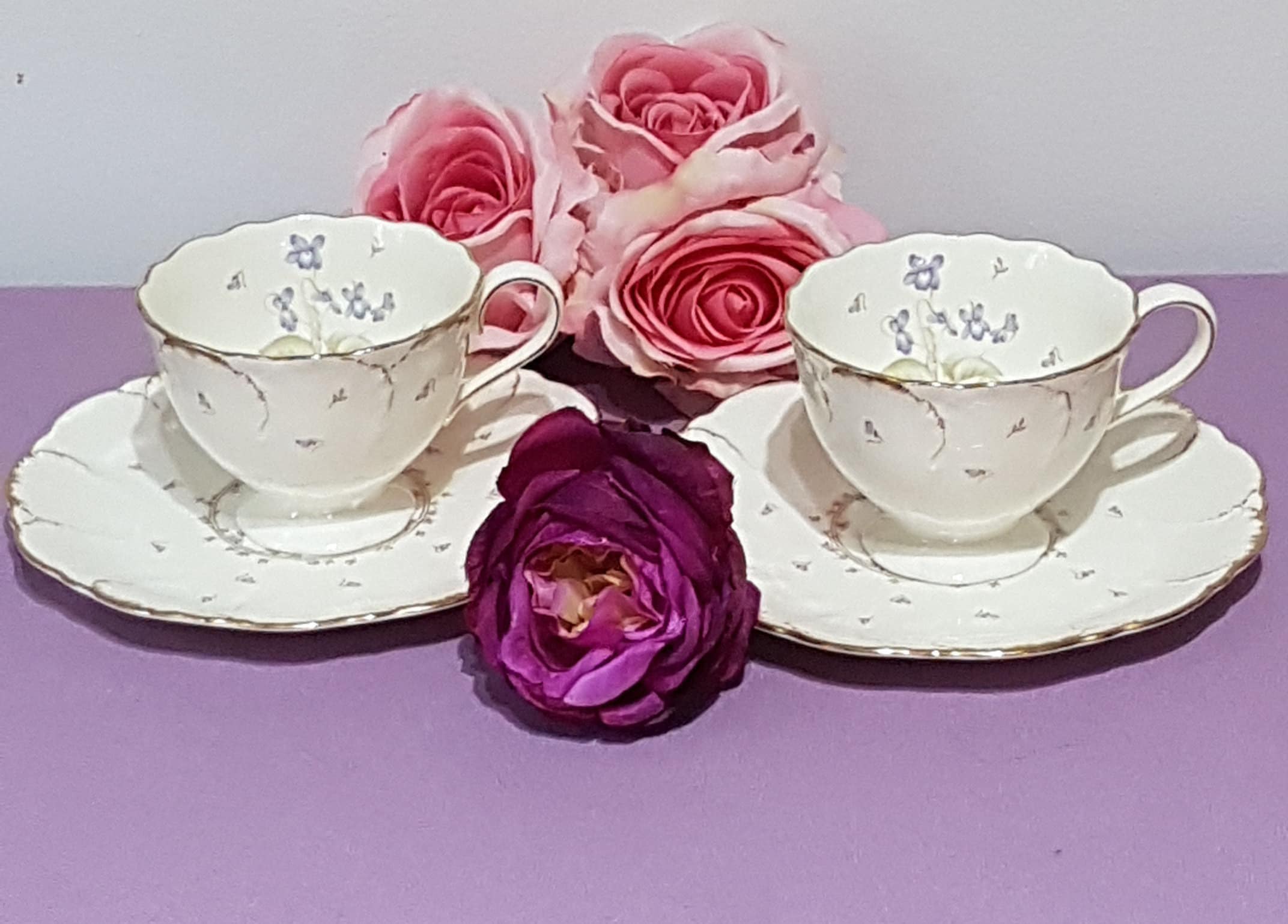 Vintage Mikasa China, Set of 2 Tea Cups and Matching Side Plates