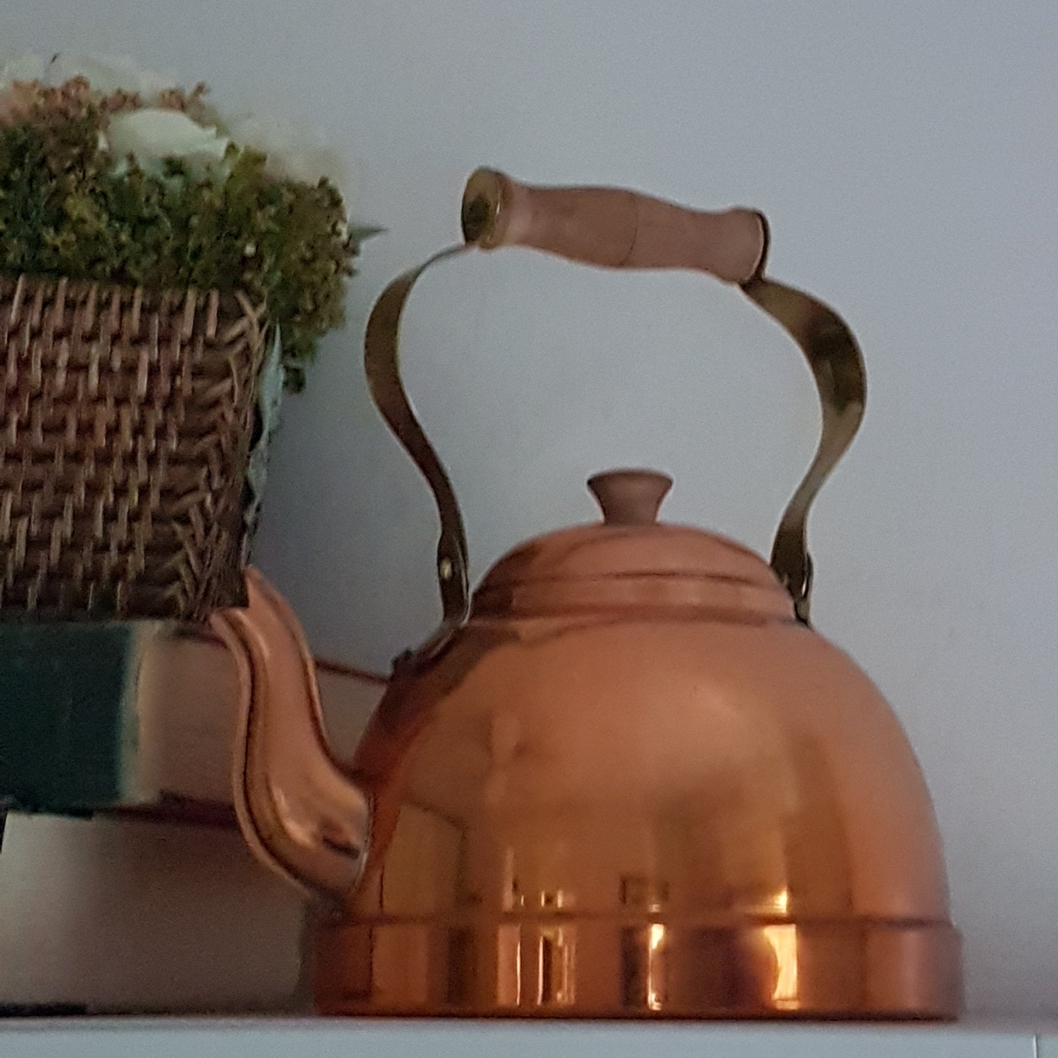 Vintage Stovetop Copper Tea Kettle with Brass and Wood Handle, Made in