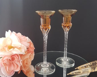 Sasaki Crystal CORONATION Amber Candlesticks, Set of 2, Hand Blown Glass, Twisted Clear Stem, Amber Glass Bowl, Japan, 1970s