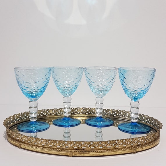 Aqua Blue Wine Glasses Mermaid Fish Scale Scalloped Embossed Etsy