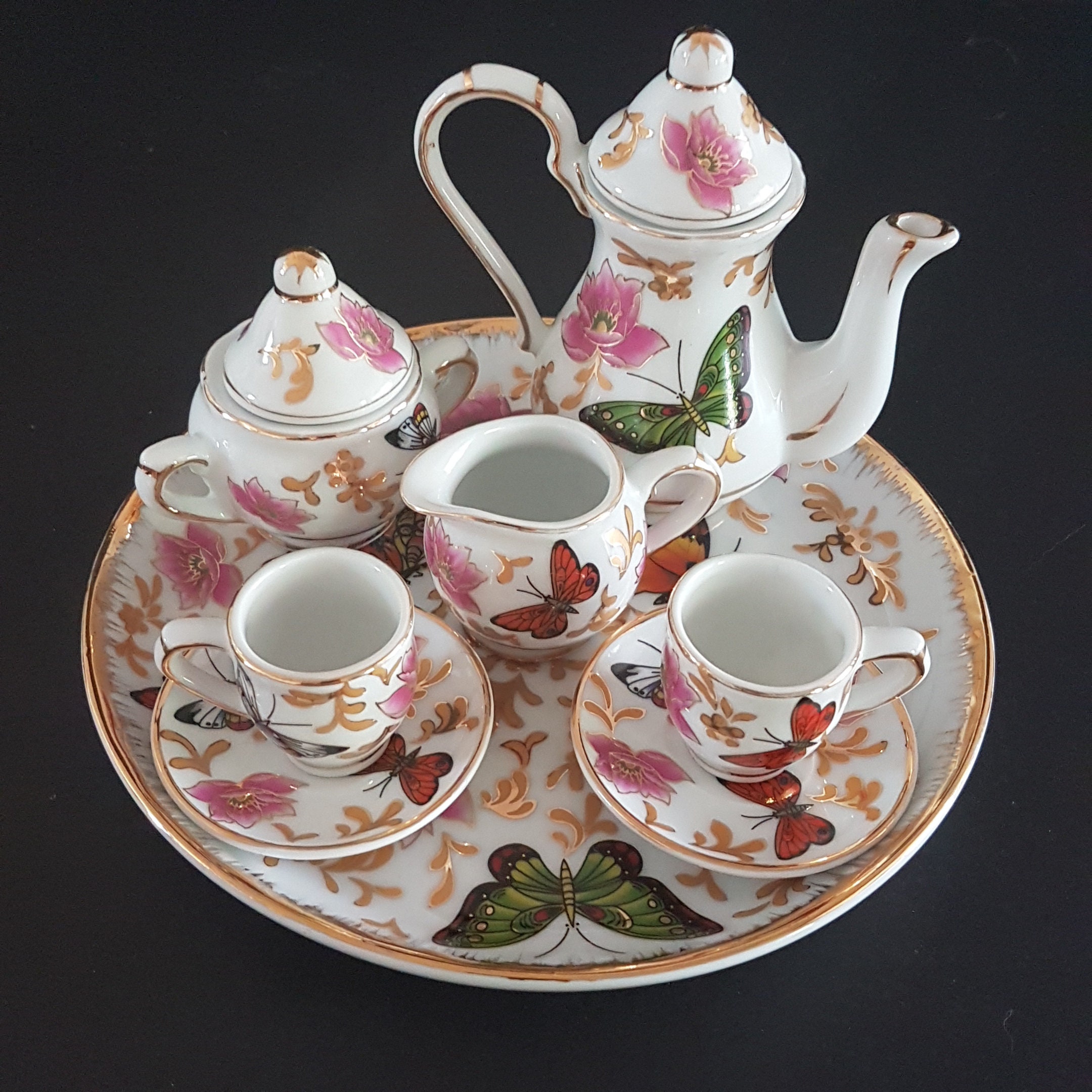 Allison L.L. Fine Porcelain BUTTERFLY Miniature Tea Set for 2