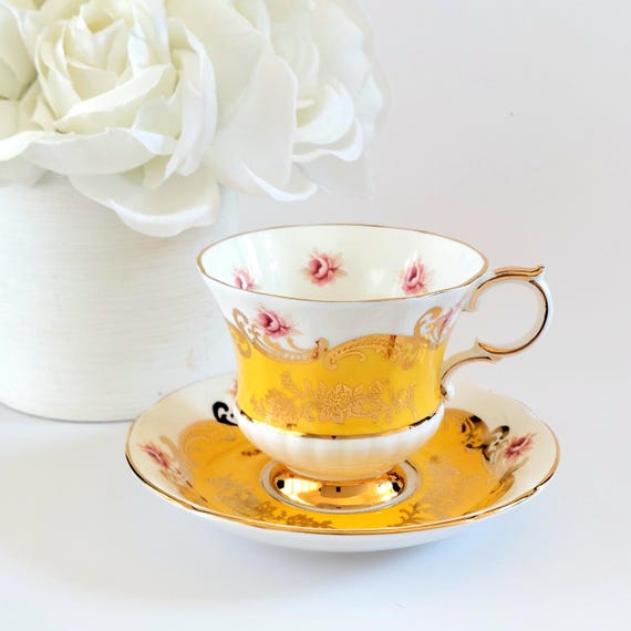 Vintage Paragon Pembroke Yellow Teacup and Saucer Gold Filigree Floating Pink Roses England