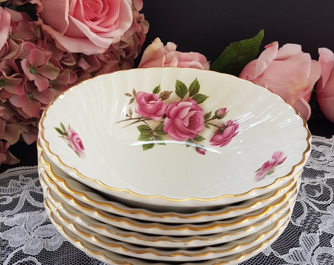 Cereal Bowls, Johnson Brothers LYNMERE, Set of 6 Vintage Breakfast Ice Cream Soup Bowls, White Ironstone, Pink Roses, Swirl, Made in England